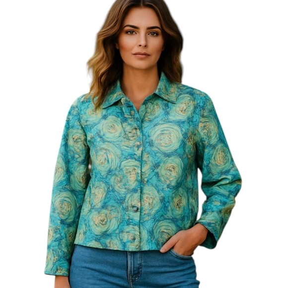 Green/blue Floral Sequin brocade sequins mermaid unique artsy Blazer sz L - Picture 1 of 12